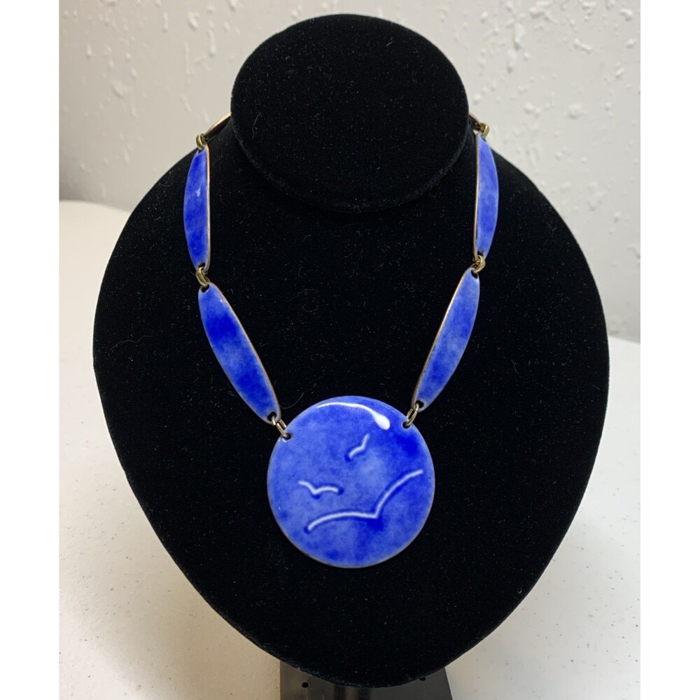 Vintage Kay Denning Enamel Necklace Blue Seagull Bird Signed 19.5”